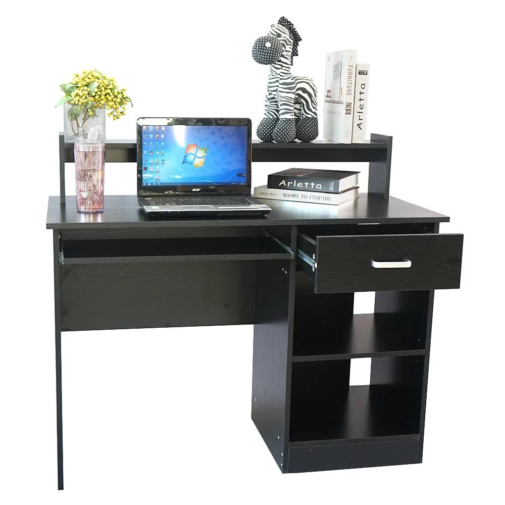 Black Wood Computer Desk with Drawer and Keyboard Tray Q8341