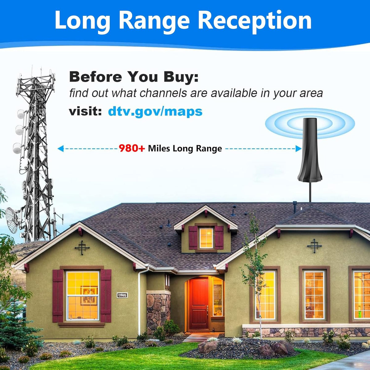 Indoor TV Antenna with Amplifier Signal Booster and 25ft Coaxial Cable P62688