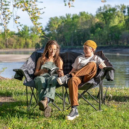 Grey Double Padded Camping Loveseat Chair with Cup Holders and Carry Bag J56126