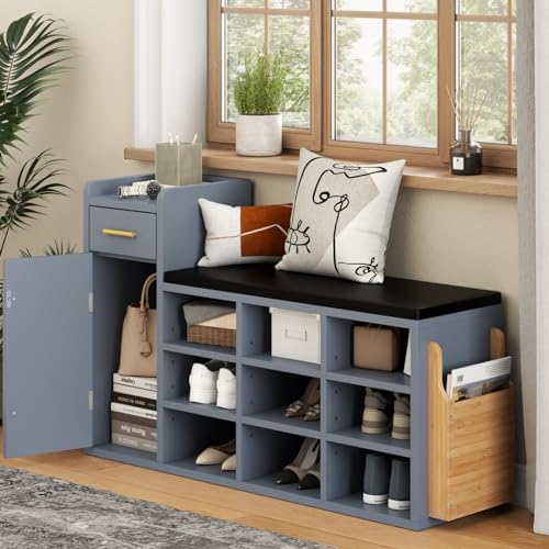 White 9 Cubbies Shoe Storage Bench with Cushion & Drawer U93170