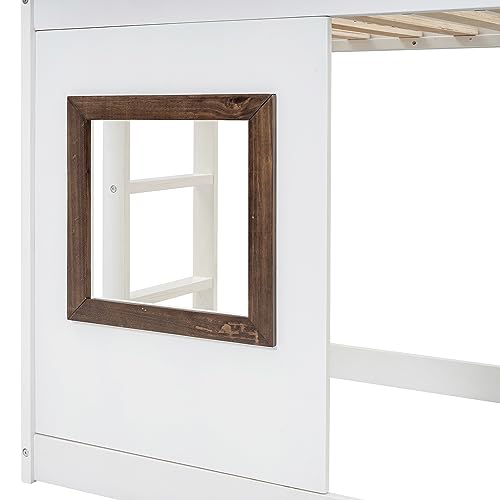 Twin-Over-Twin Wooden Bunk Bed with Storage, Gray+White F288