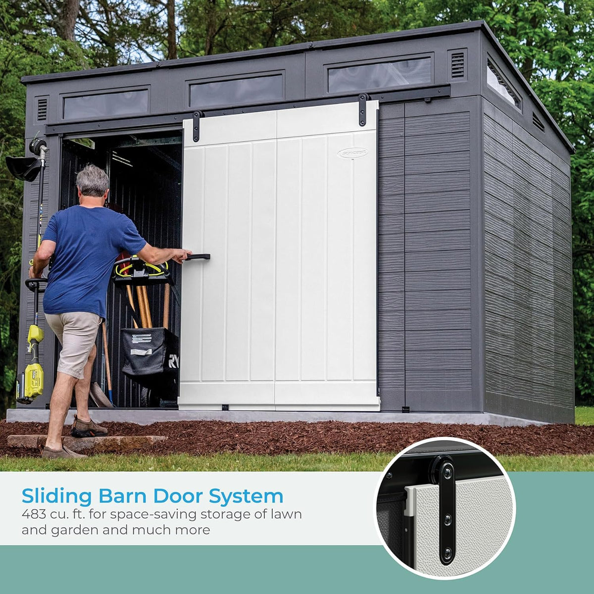Gray and Black 10 Foot by 7 Foot Outdoor Plastic Storage Shed with Sliding Barn Door W25997