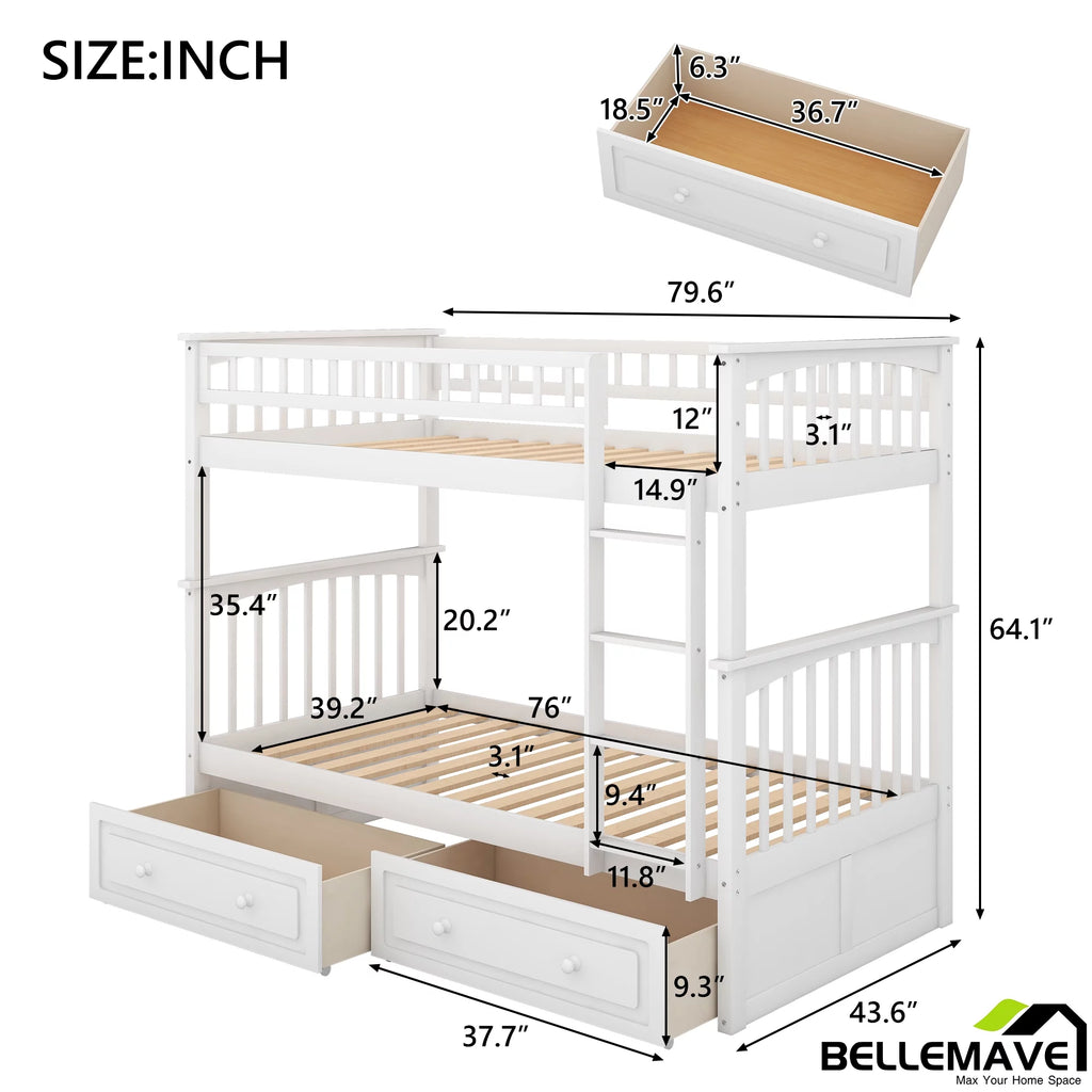 White Twin Over Twin Wooden Bunk Bed with 2 Storage Drawers Y695006