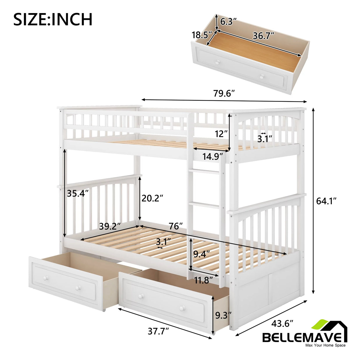 White Twin Over Twin Wooden Bunk Bed with 2 Storage Drawers Y695006
