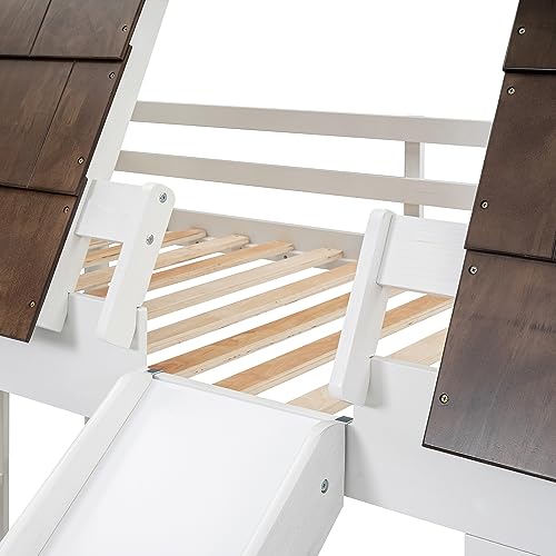 Twin-Over-Twin Wooden Bunk Bed with Storage, Gray+White F288