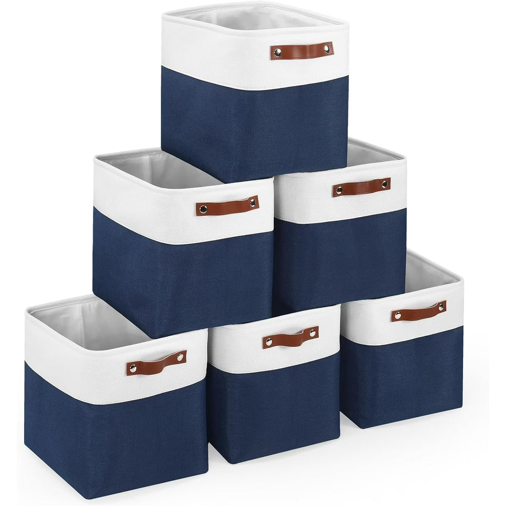 11x11 inch Foldable Cube Storage Bins with Leather Handles (White/ Blue) L59480