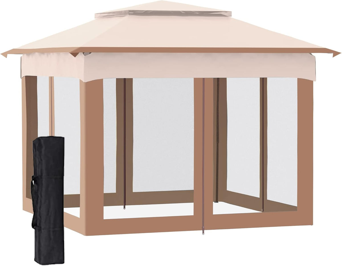 11' x 11' Pop Up Gazebo Canopy Shelter with Netting and Storage Bag, Khaki X40635