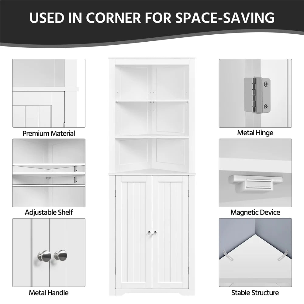 White Wooden Corner Cabinet with Open Shelf J457592