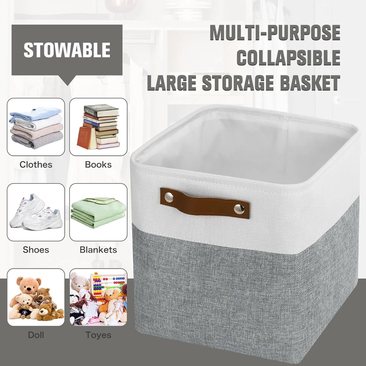 11x11 inch Foldable Cube Storage Bins with Leather Handles (White/ Blue) L59480