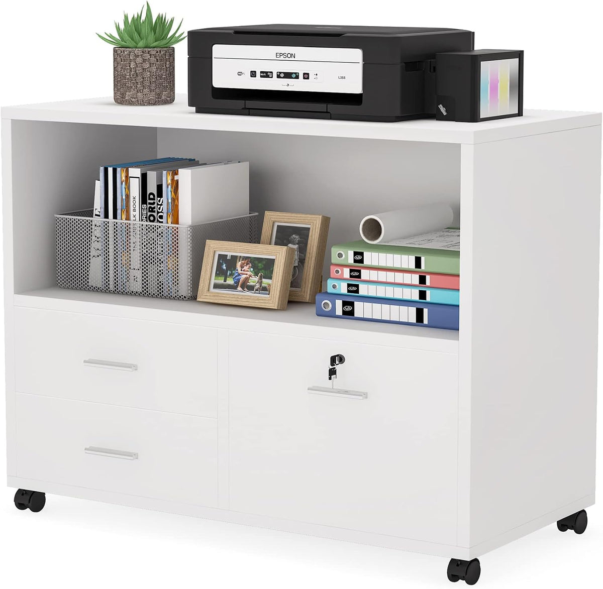 3 Drawer File Cabinet with Lock, Rolling Filing Cabinet with Printer Stand O1799