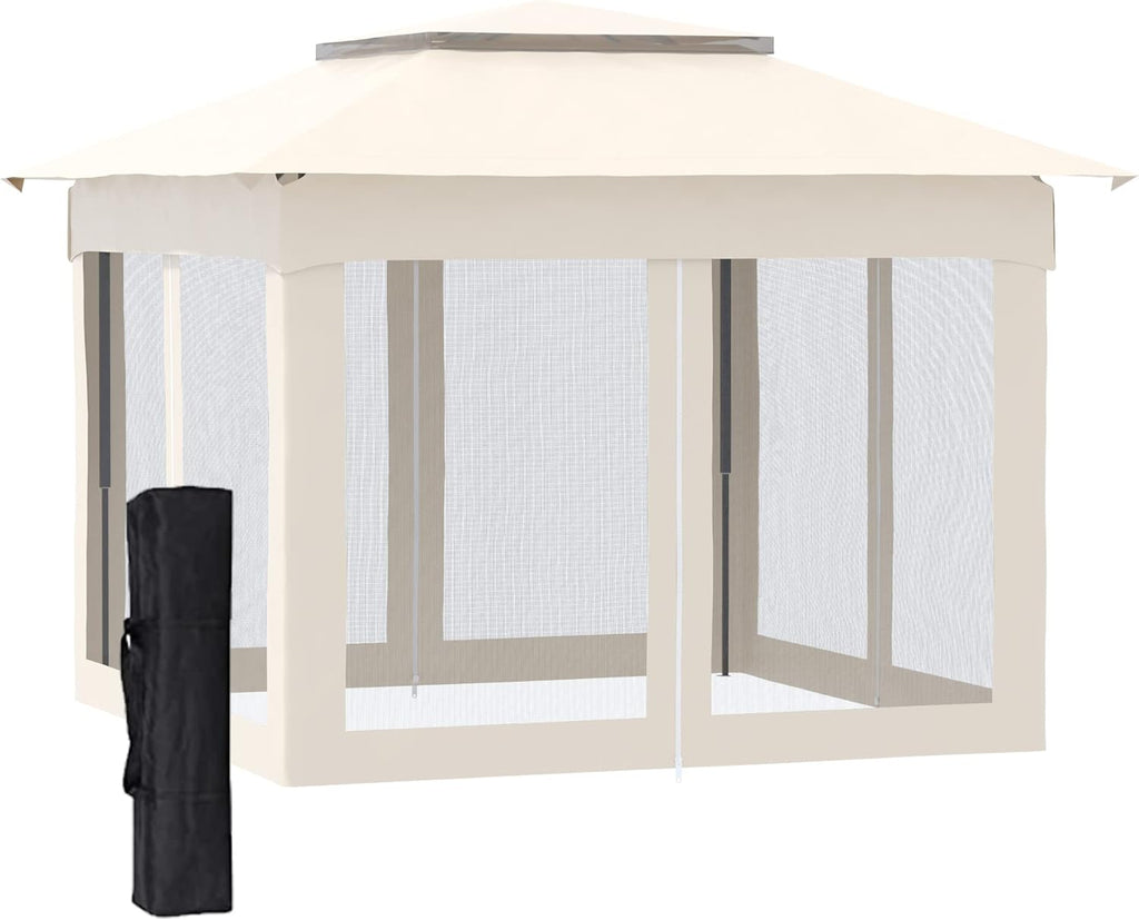 11' x 11' Pop Up Gazebo Canopy Shelter with Netting and Storage Bag, Khaki X40635