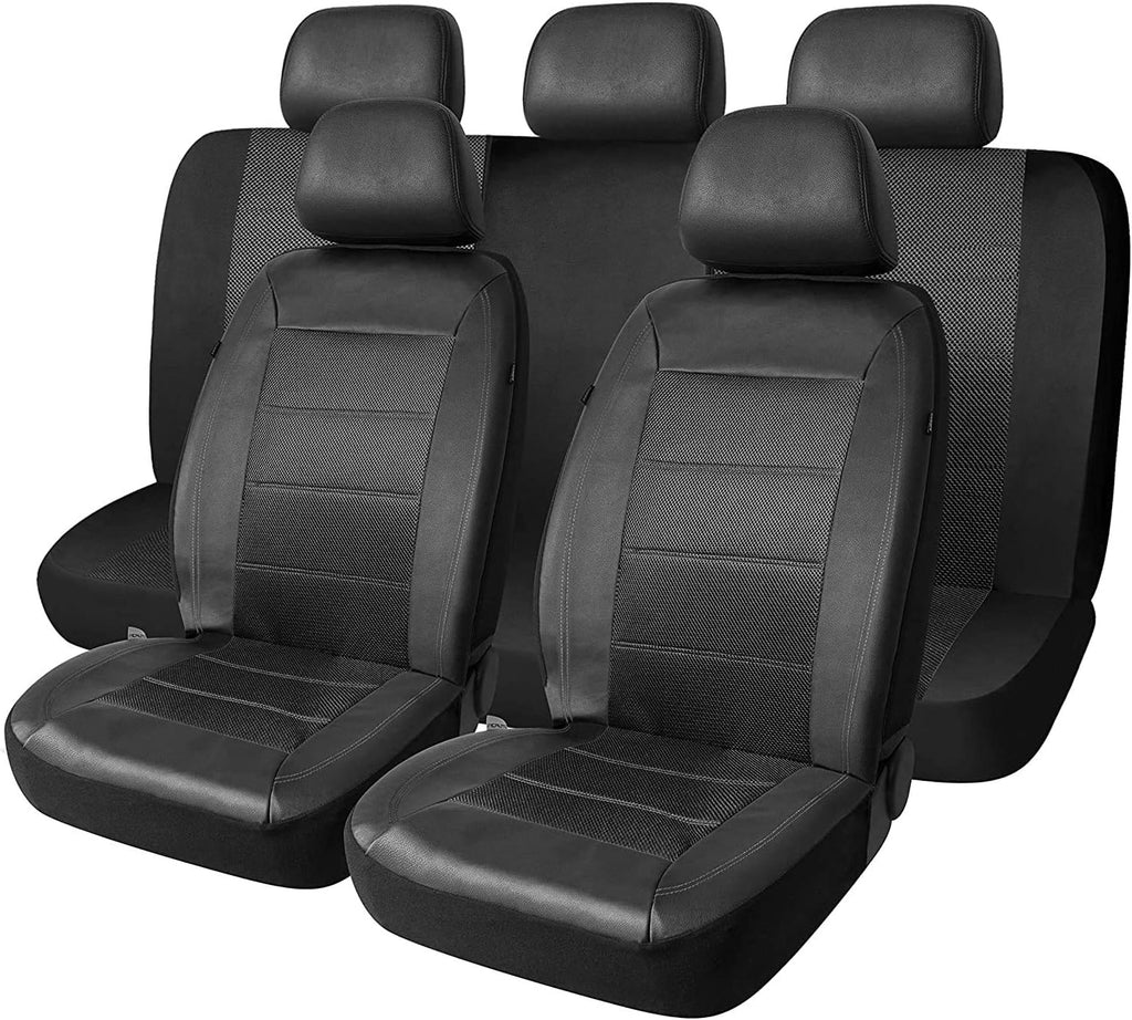 Universal Fit Full Set Mesh and Leather Car Seat Cover (Beige) E8504