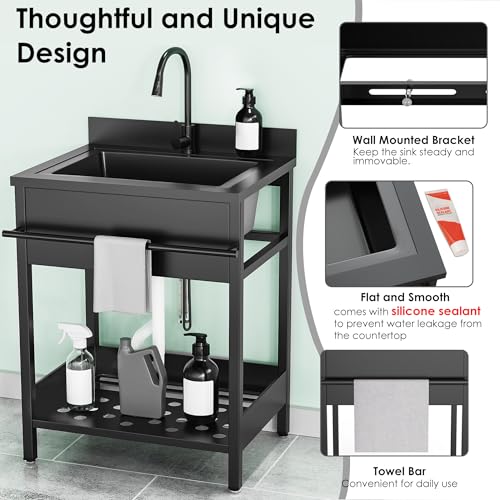 26 Inch 304 Stainless Steel Free Standing Utility Sink with Pull-out Faucet S257093