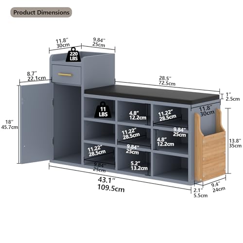 White 9 Cubbies Shoe Storage Bench with Cushion & Drawer U93170