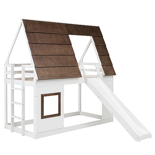 Twin-Over-Twin Wooden Bunk Bed with Storage, Gray+White F288