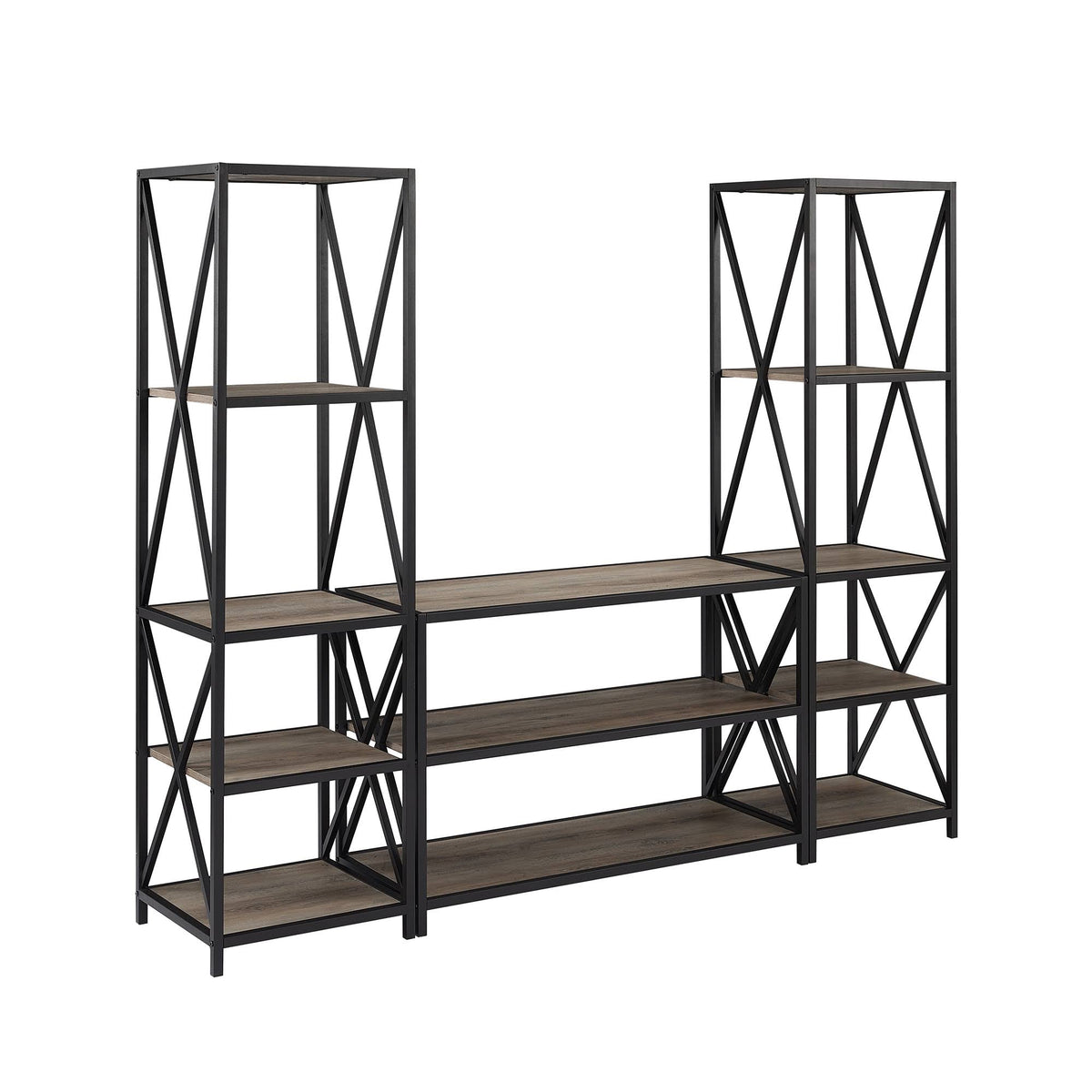 3-Piece Dark Walnut Black Metal Entertainment Wall M496