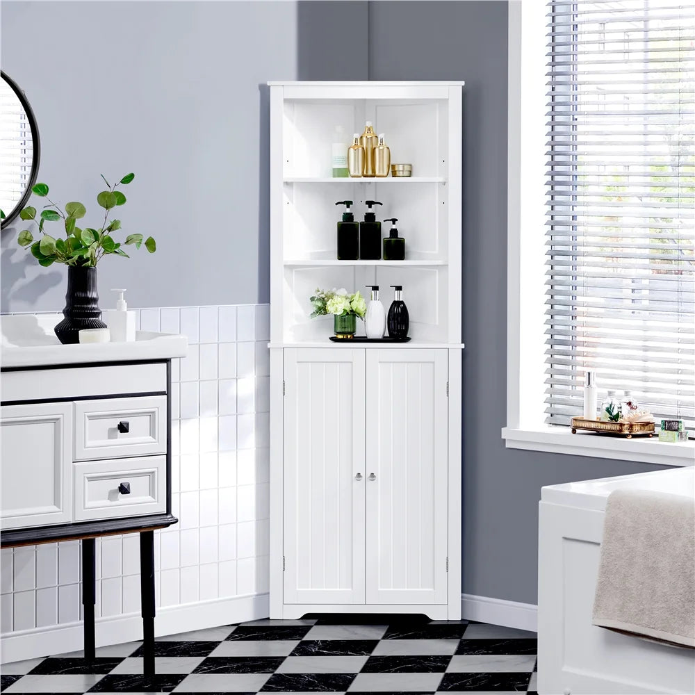 White Wooden Corner Cabinet with Open Shelf J457592