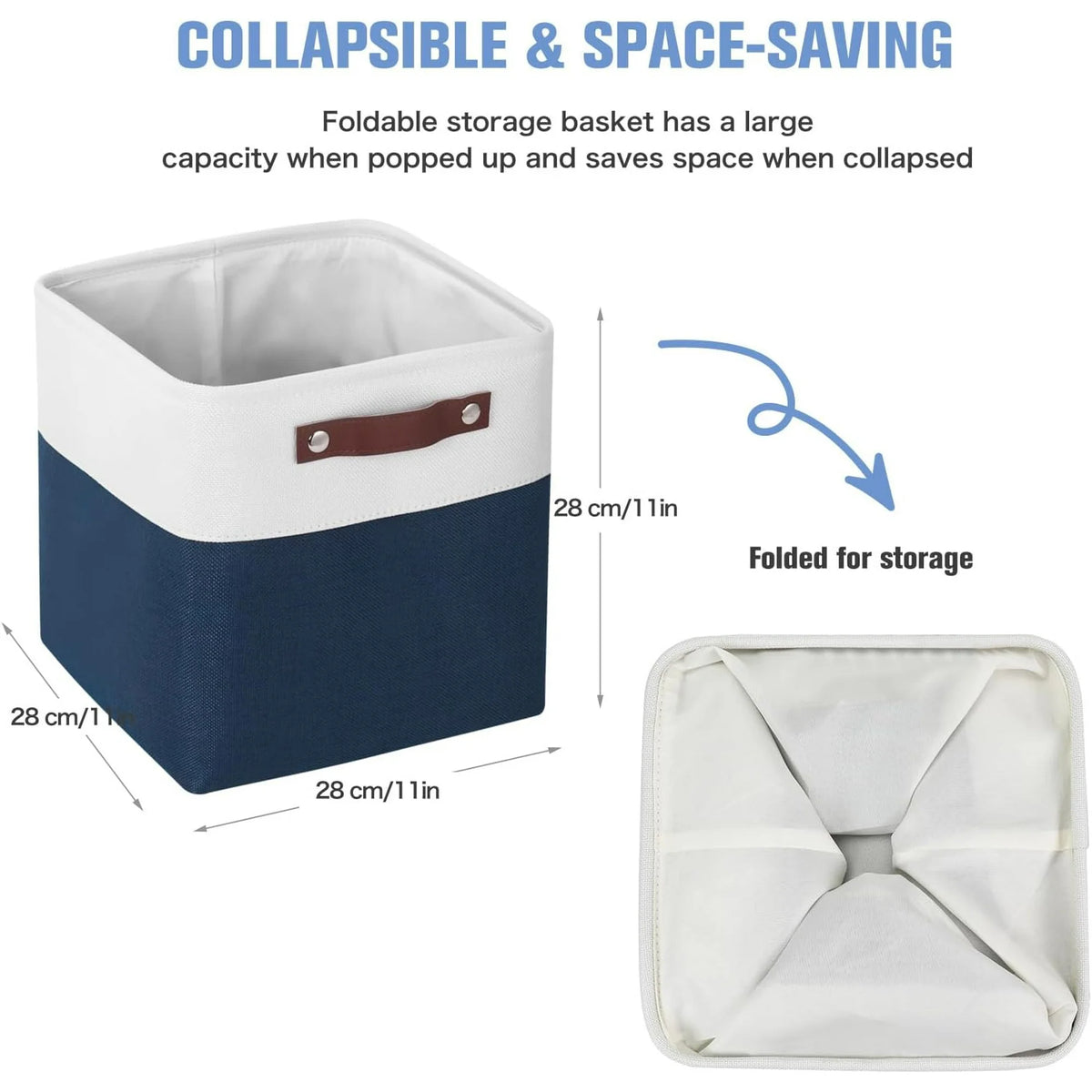 11x11 inch Foldable Cube Storage Bins with Leather Handles (White/ Blue) L59480