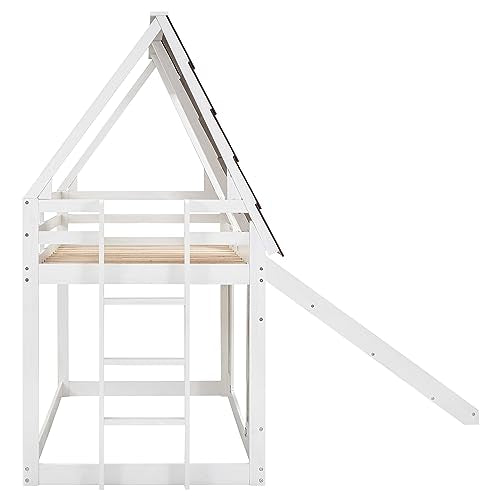 Twin-Over-Twin Wooden Bunk Bed with Storage, Gray+White F288