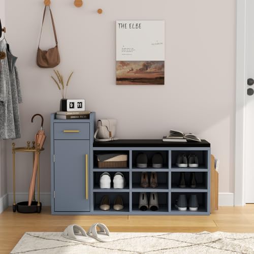 White 9 Cubbies Shoe Storage Bench with Cushion & Drawer U93170