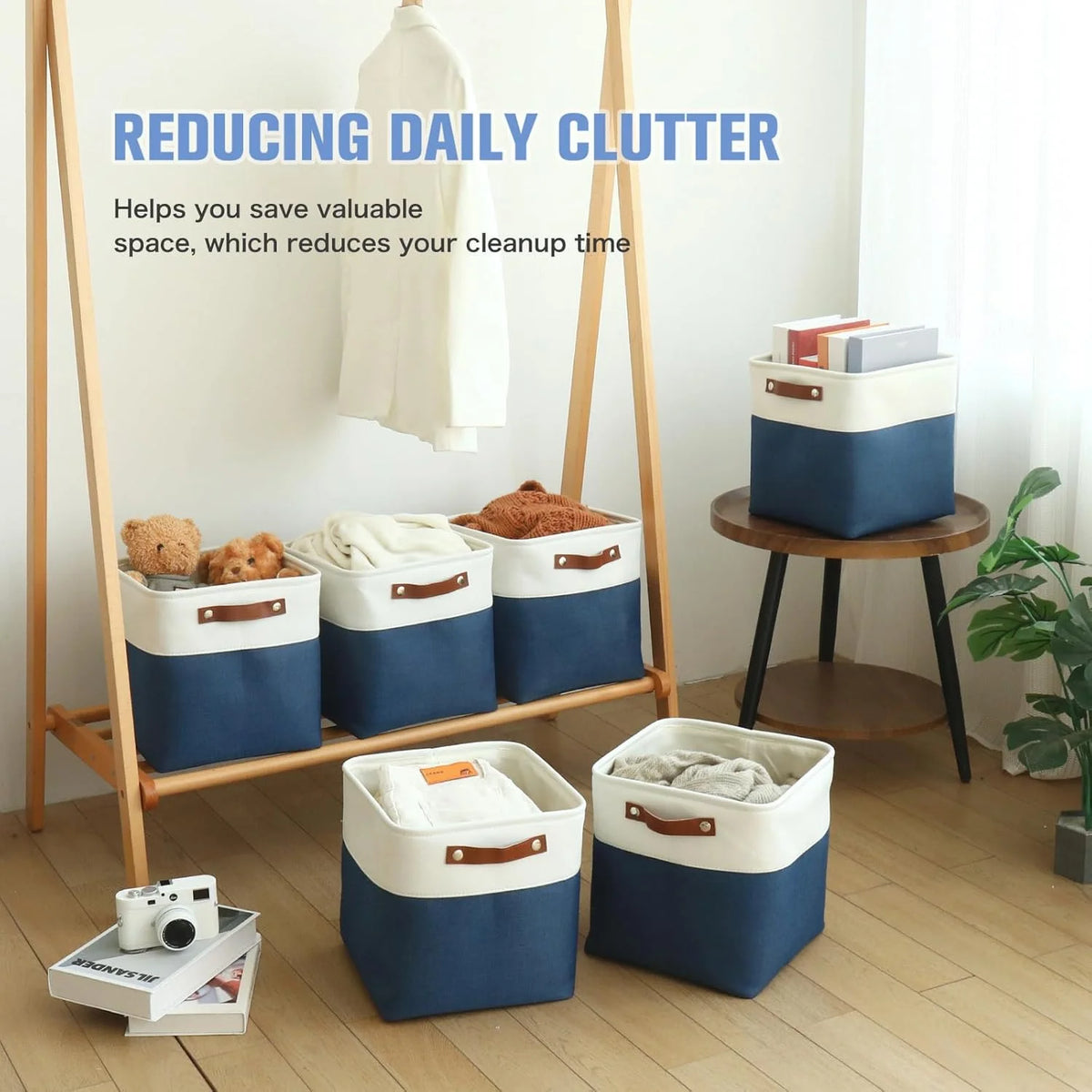 11x11 inch Foldable Cube Storage Bins with Leather Handles (White/ Blue) L59480