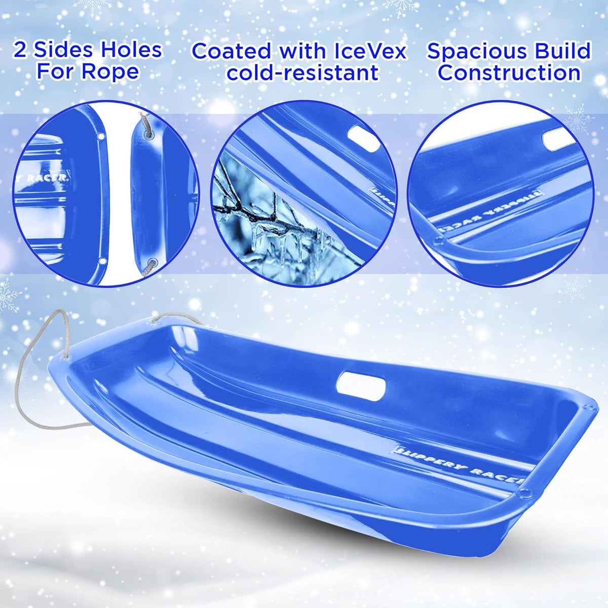 Blue 3 Pack Plastic Toboggan Snow Sled with Handles and Pull Rope X4331