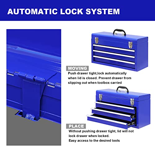 3 Drawer 20" Metal Tool Box Portable Steel Tool Chest Blue A8669