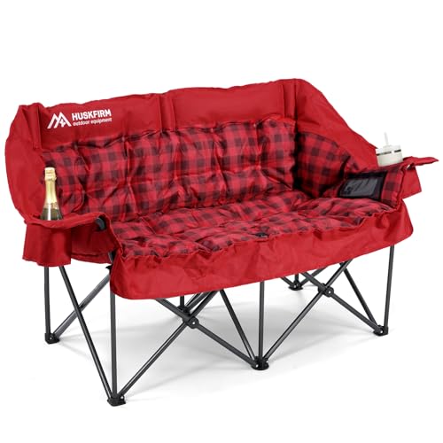 Grey Double Padded Camping Loveseat Chair with Cup Holders and Carry Bag J56126
