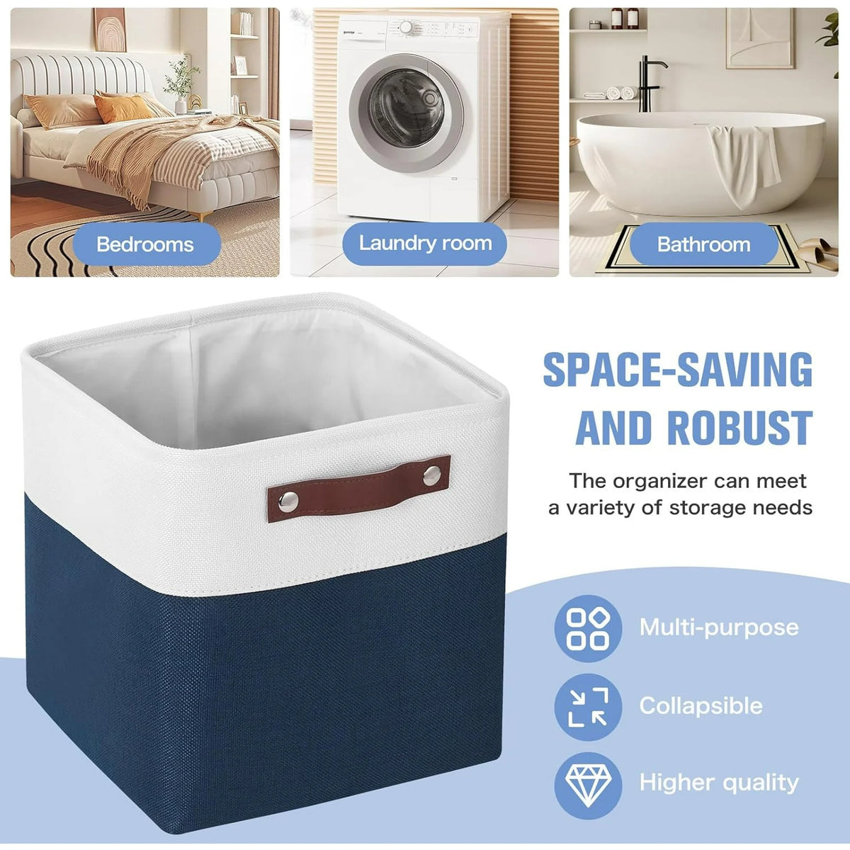 11x11 inch Foldable Cube Storage Bins with Leather Handles (White/ Blue) L59480