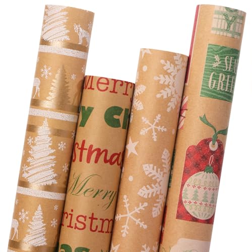4 Rolls Vintage Brown Kraft Christmas Wrapping Paper Q731