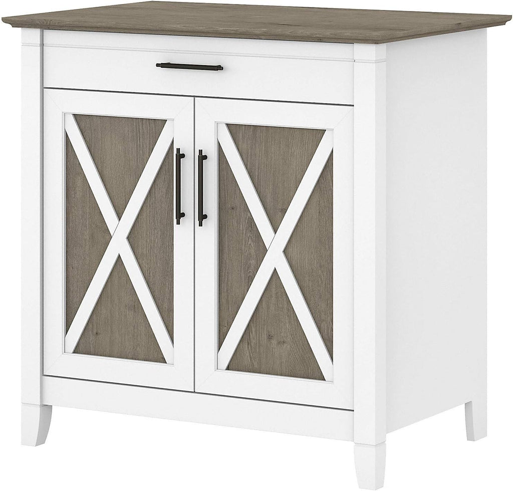 Pure White and Shiplap Gray Secretary Desk with Keyboard Tray and Storage Cabinet E815181