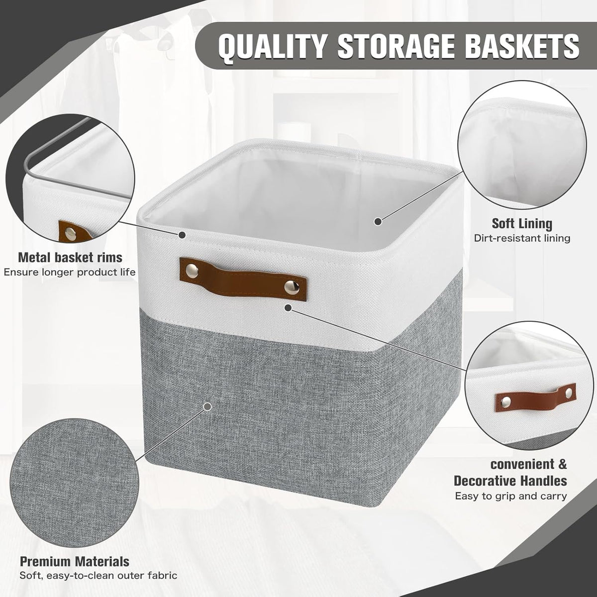 11x11 inch Foldable Cube Storage Bins with Leather Handles (White/ Blue) L59480