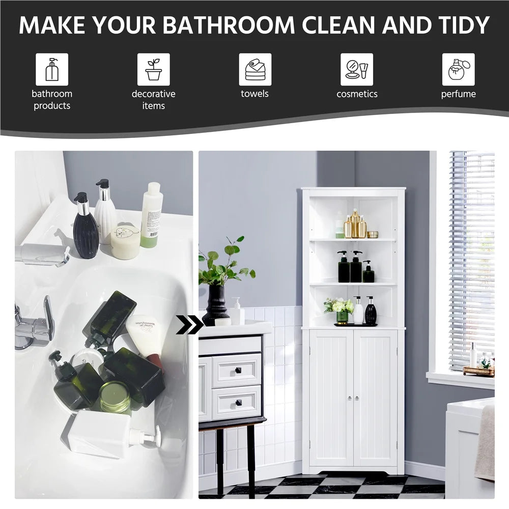 White Wooden Corner Cabinet with Open Shelf J457592