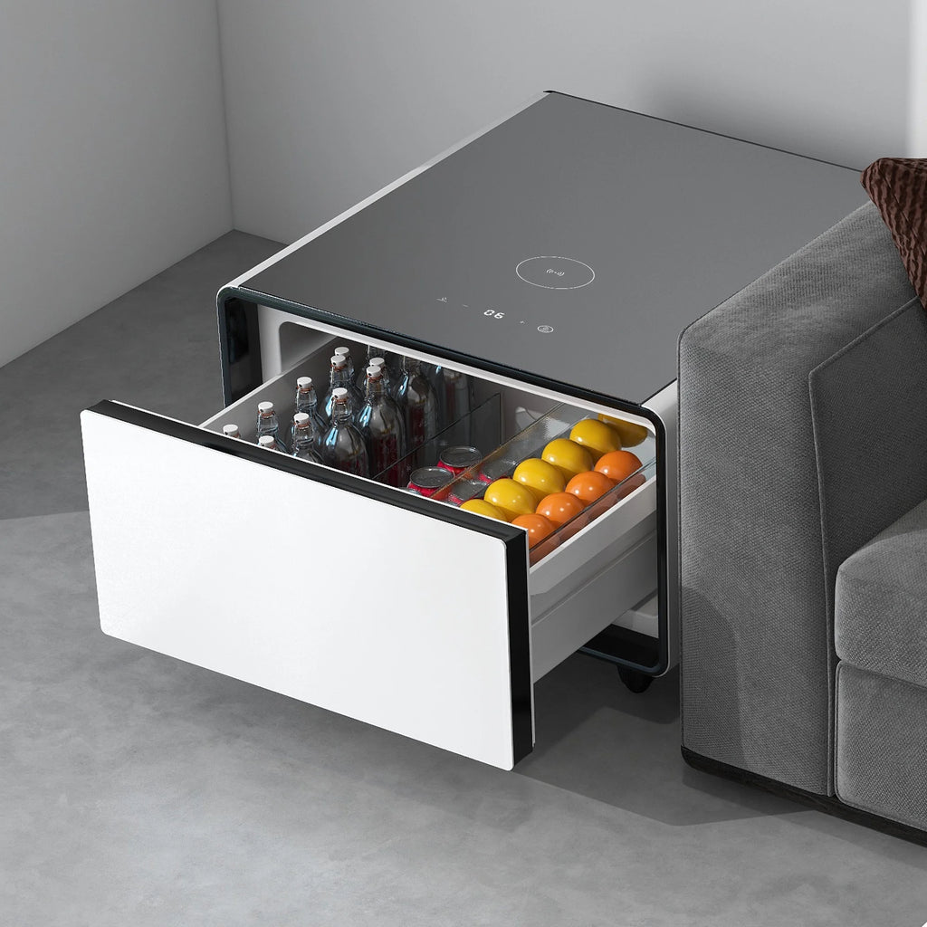 White Smart Side Table with Built in Fridge and Storage Drawer S839734