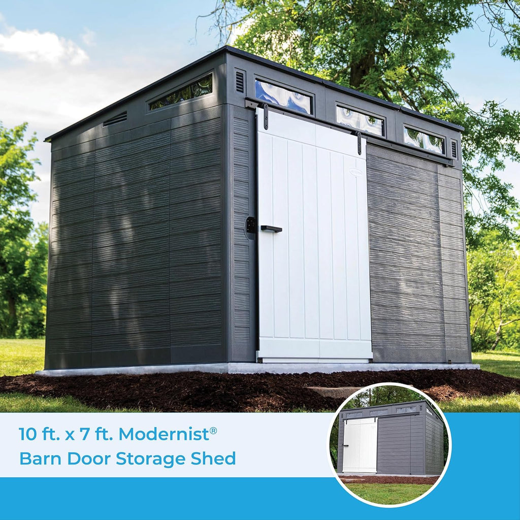 Gray and Black 10 Foot by 7 Foot Outdoor Plastic Storage Shed with Sliding Barn Door W25997