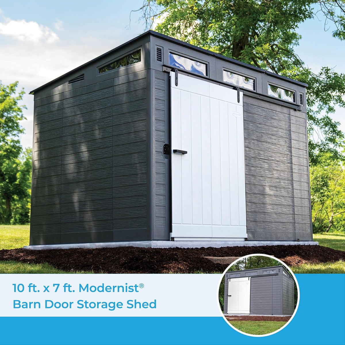Gray and Black 10 Foot by 7 Foot Outdoor Plastic Storage Shed with Sliding Barn Door W25997