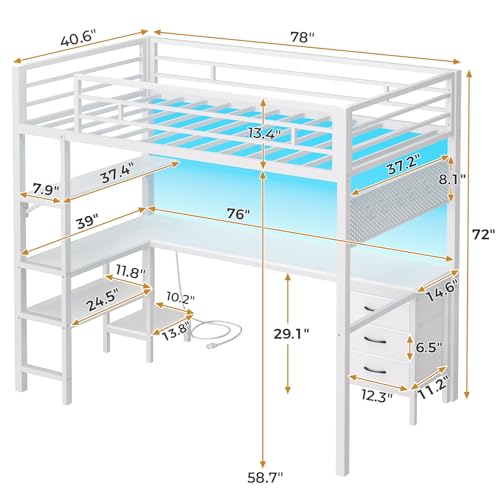 Twin Metal Loft Bed with L-Shaped Desk, LED Lights, Charging Station, Fabric Drawers & Shelves, White N6506