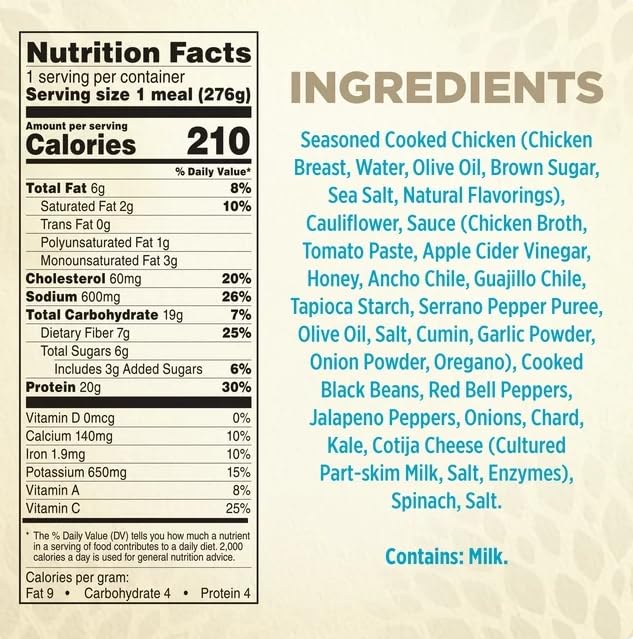 Spicy Black Beans Chicken & Riced Cauliflower Frozen Meal, 9.25 oz - Pack of 6 D203