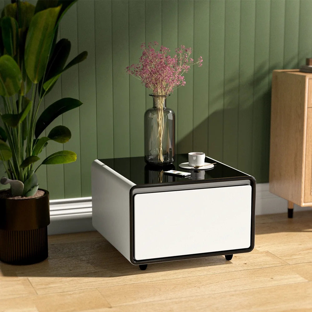 White Smart Side Table with Built in Fridge and Storage Drawer S839734