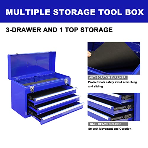 3 Drawer 20" Metal Tool Box Portable Steel Tool Chest Blue A8669