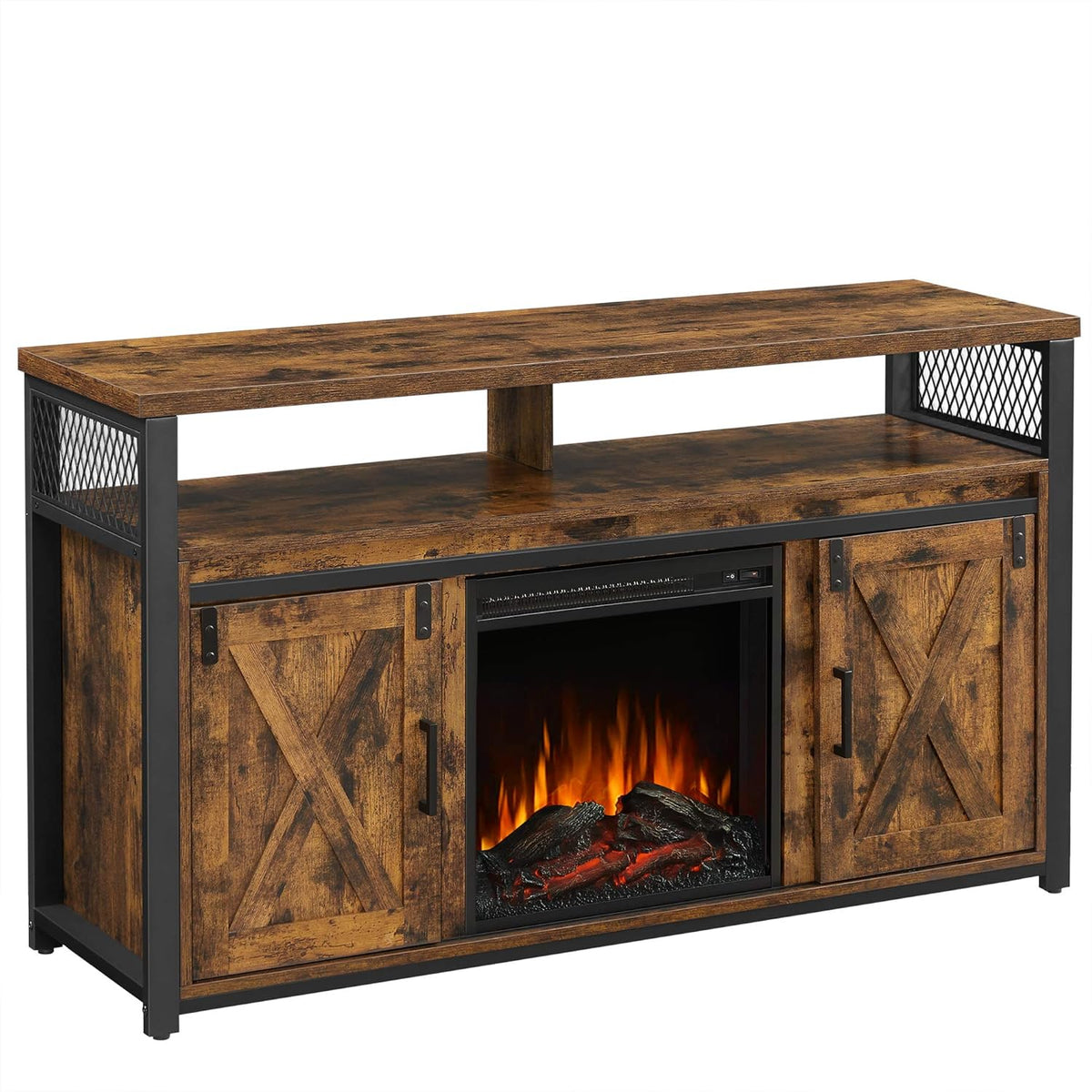 Rustic Brown and Black TV Stand with Fireplace U276