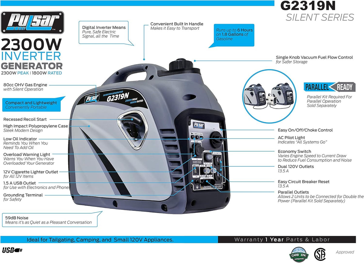 2,300W Portable Gas-Powered Inverter Generator with USB Outlet X91142