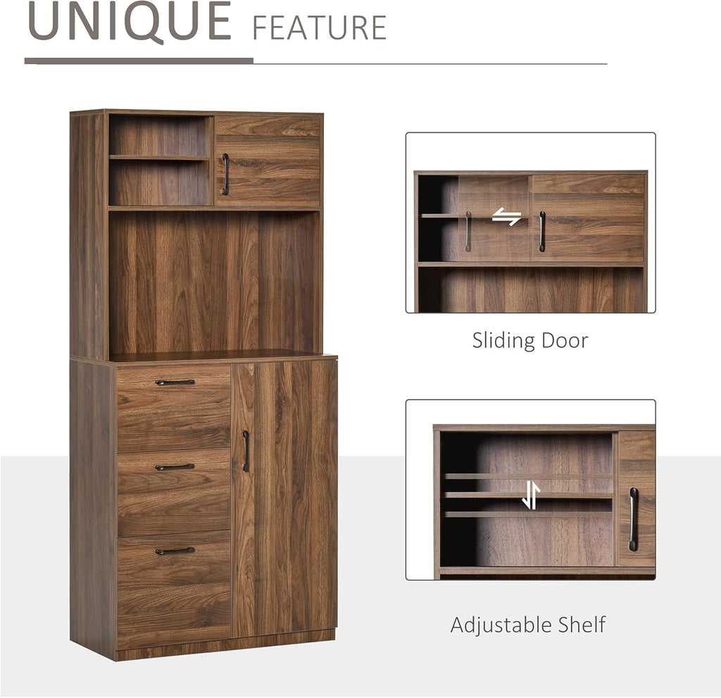 Walnut Kitchen Buffet Hutch with 3 Drawers and Sliding Door M53379
