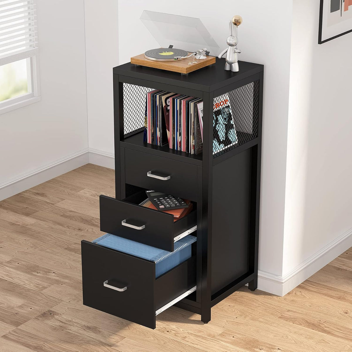 Black 3 Drawer Vertical File Cabinet with Metal Wire Storage Shelves E1521