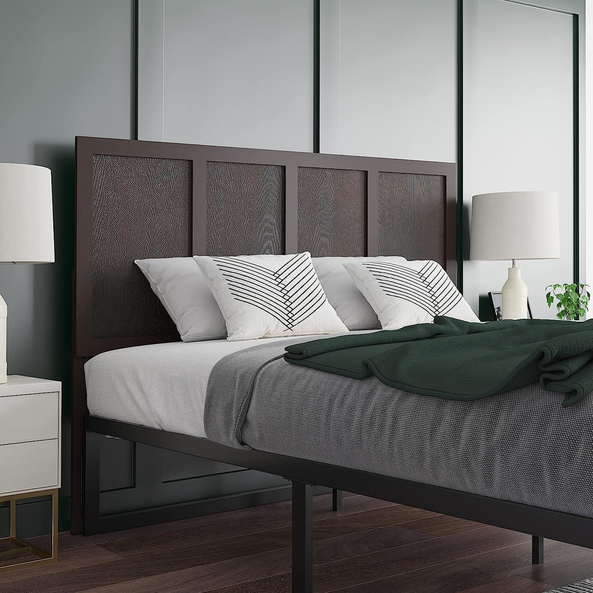 Queen Size Four Panel Wooden Adjustable Headboard Dark Brown C480