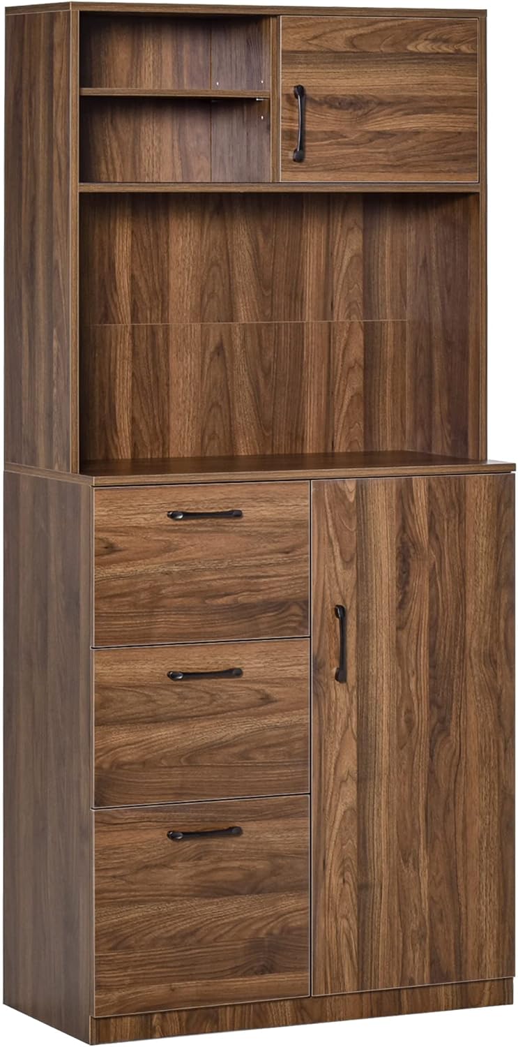 Walnut Kitchen Buffet Hutch with 3 Drawers and Sliding Door M53379