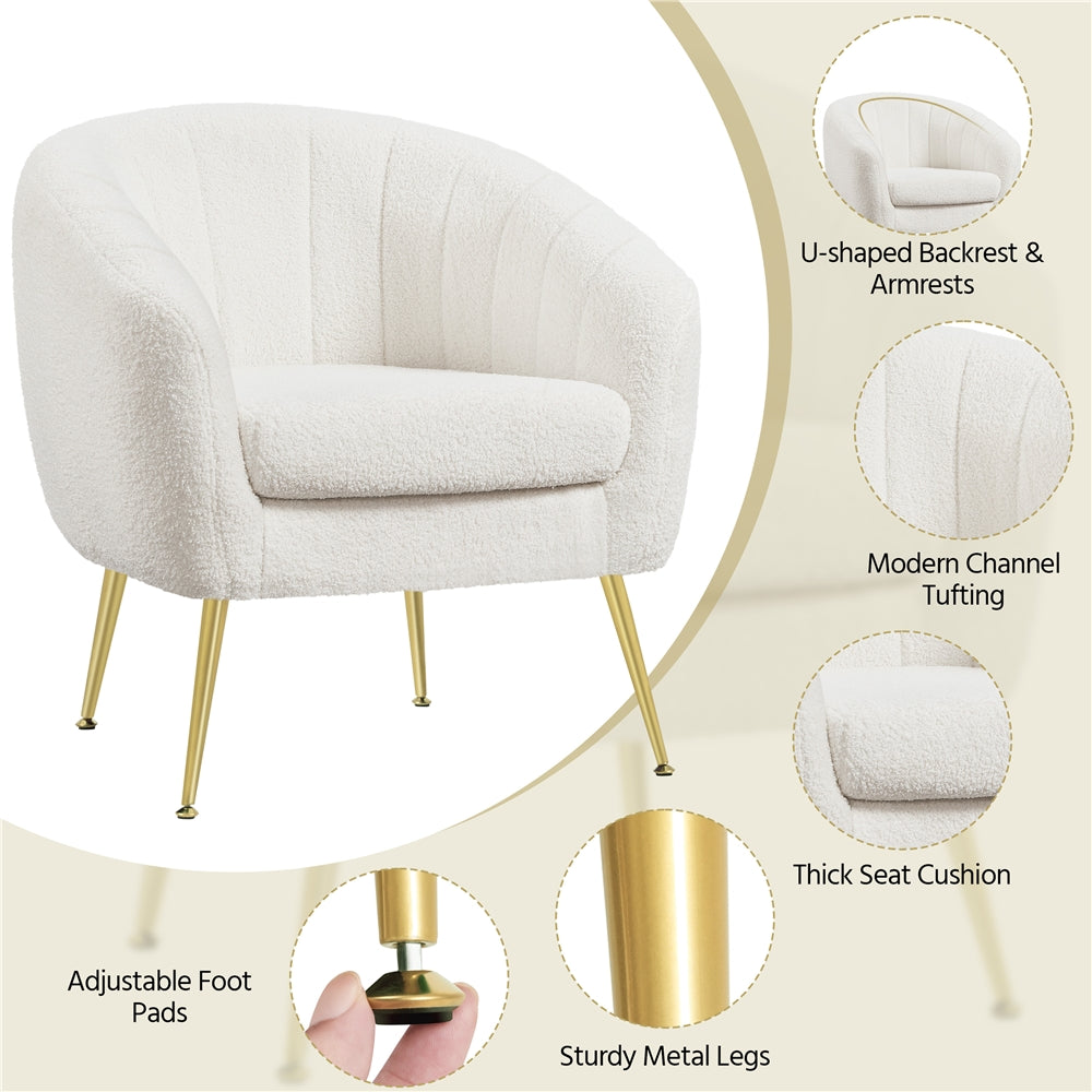 Ivory Tufted Velvet Accent Armchair with Gold Metal Legs D527