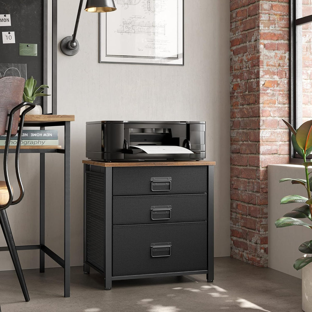 Rustic Brown and Black 3 Drawer Steel Frame Wooden Top Nightstand X531