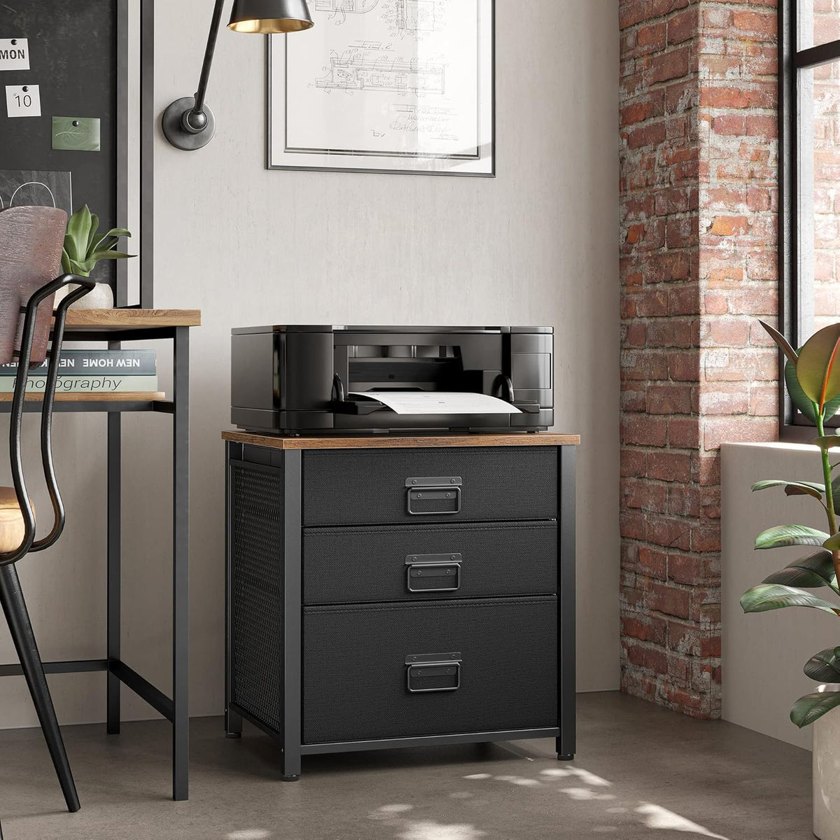 Rustic Brown and Black 3 Drawer Steel Frame Wooden Top Nightstand X531