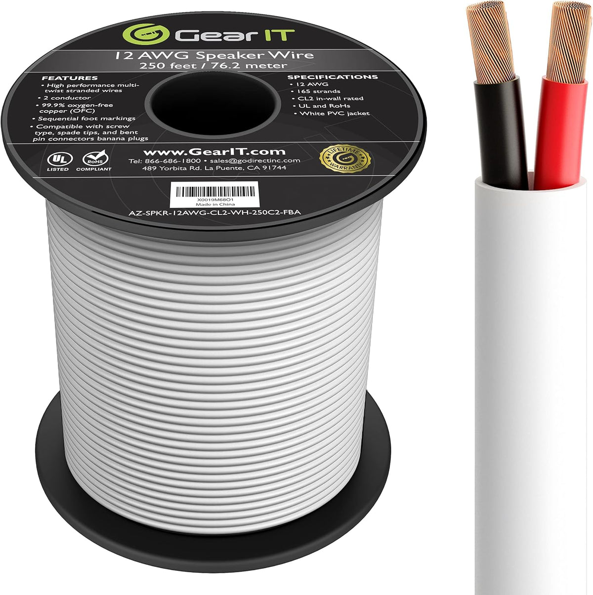 12AWG 100 Feet CL2 Rated 2 Conductor OFC Oxygen-Free Copper Speaker Wire G970